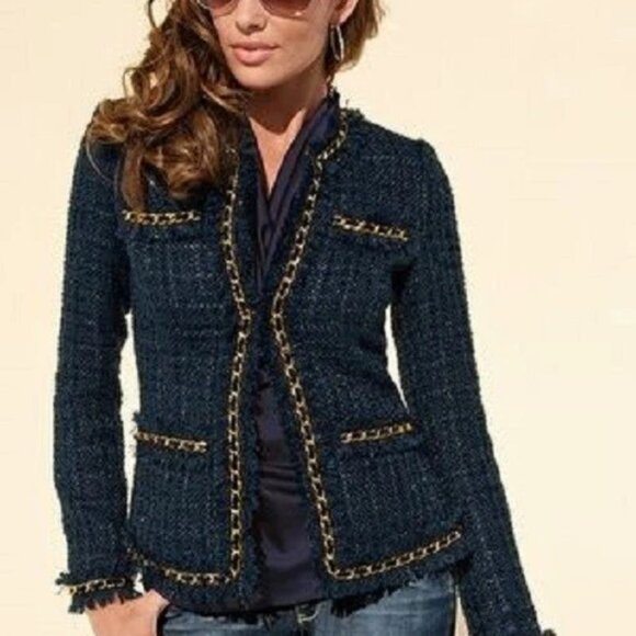 Boston Proper Parisian Navy Blue Shimmer Tweed with Gold Chain Trim Jacket 12 - Picture 2 of 9